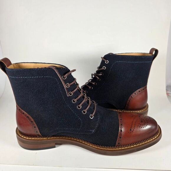 Moretti Lace Up Boots Gold Label, Mens 9.5 D, Dark Blue wool, Brown Cap Toe NWOT - Picture 4 of 8